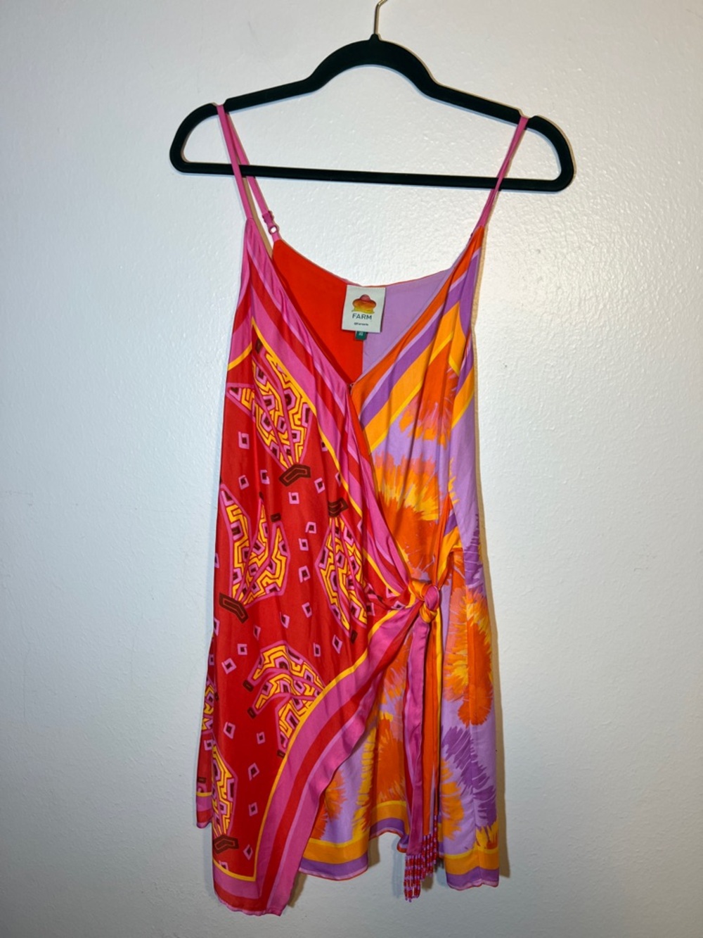 FARM Rio Pink Orange Red Purple Printed Wrap Slinky Tie-Front Mini Dress XS